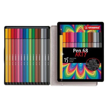 Fixy STABILO Pen 68, 15 ks ARTY v kovové krabičce