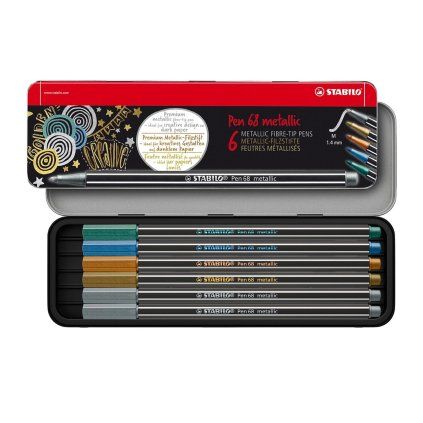 Fixy STABILO Pen 68 metallic, 6 ks v kovové krabičce