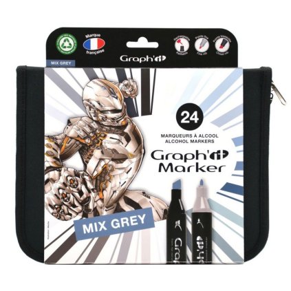 Lihové fixy GRAPH'IT oboustranné Fine & Chisel, 24 ks Mix Greys v penále