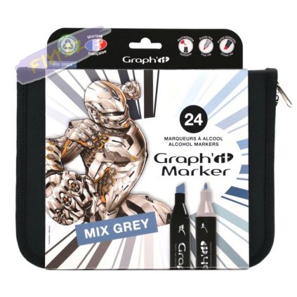 Lihové fixy GRAPH'IT oboustranné Fine & Chisel, 24ks Mix Greys v penále