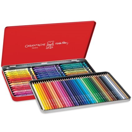 Akvarelové pastelky a pastely Keith Haring CARAN D'ACHE, 82 ks v kovové krabičce