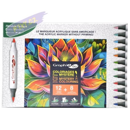 Akrylové fixy GRAPH'IT oboustranné Brush & Fine, 12ks + 8ks šablon Exotic Mandala