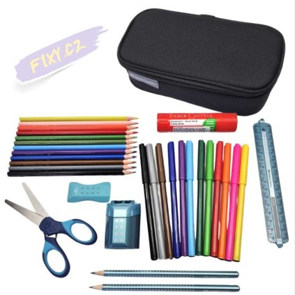 FABER-CASTELL školní sada pro kluky v penále, 24ks fix a pastelek a 8ks příslušenství