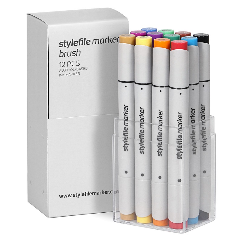 Lihové fixy STYLEFILE Brush oboustranné Brush & Chisel, 12ks základní A