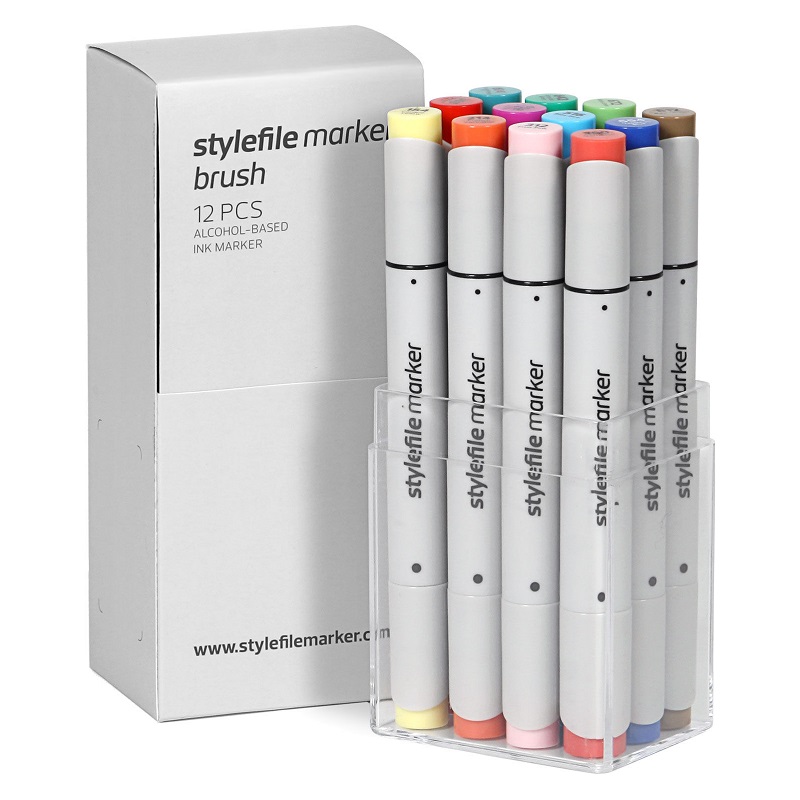 Lihové fixy STYLEFILE Brush oboustranné Brush & Chisel, 12ks základní B
