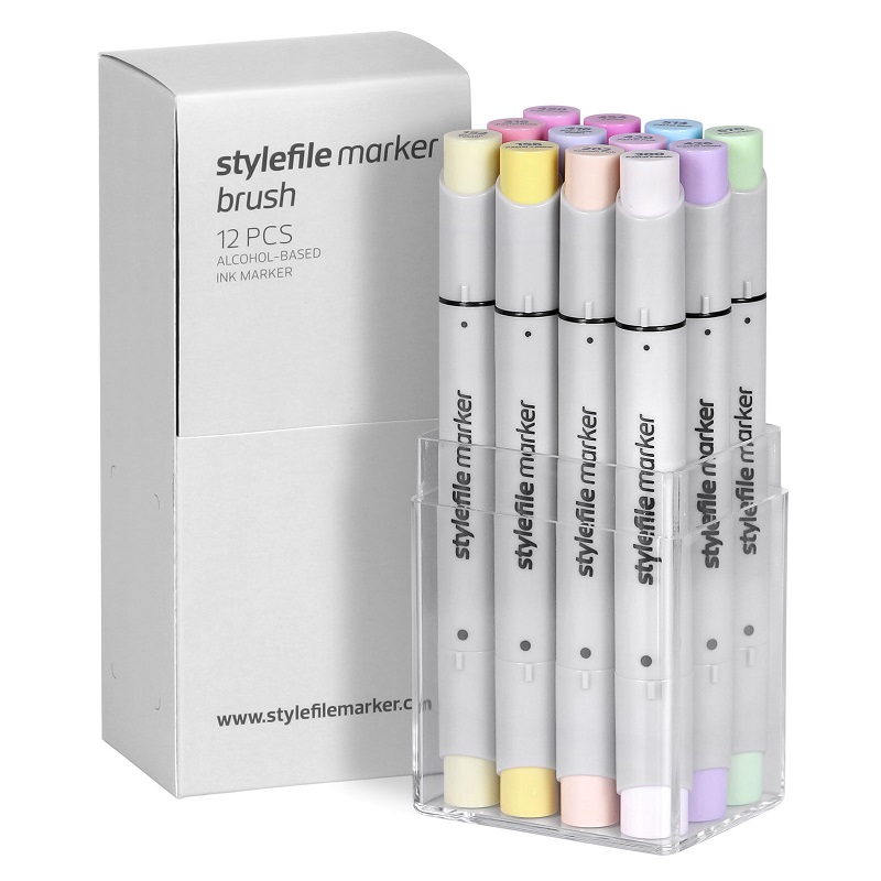 Lihové fixy STYLEFILE Brush oboustranné Brush & Chisel, 12ks pastelové