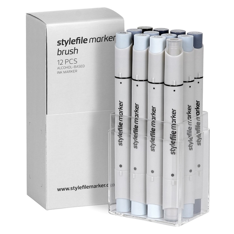 Lihové fixy STYLEFILE Brush oboustranné Brush & Chisel, 12ks šedé Cool