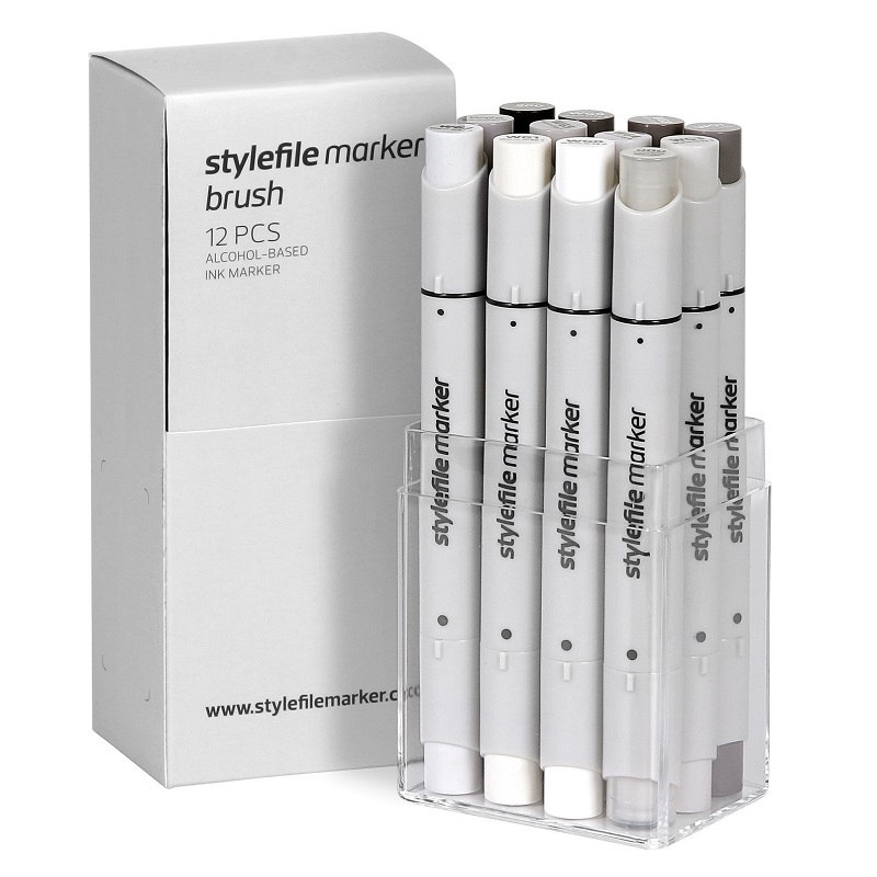 Lihové fixy STYLEFILE Brush oboustranné Brush & Chisel, 12ks šedé Warm