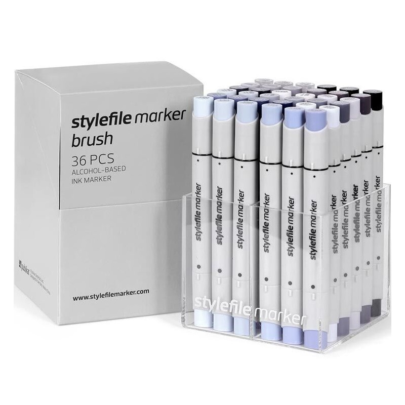 Lihové fixy STYLEFILE Brush oboustranné Brush & Chisel, 36ks šedé