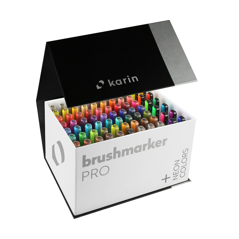 Akvarelové fixy KARIN BrushMarker PRO, MegaBoxPlus 72ks + 3x blender