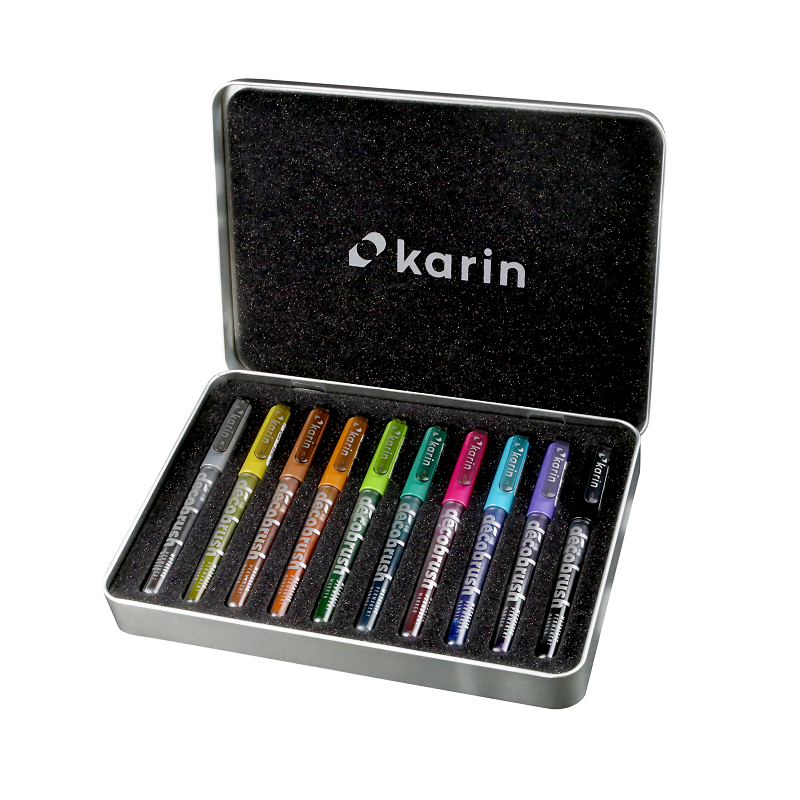 Akrylové fixy KARIN DecoBrush Metallic, 10ks v kovové krabičce