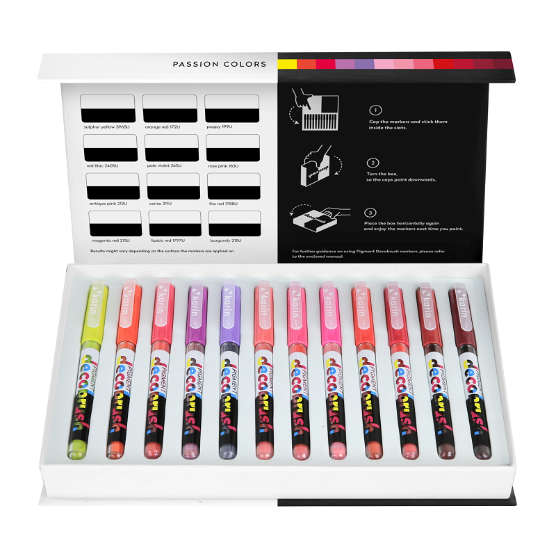 Akrylové fixy KARIN DecoBrush Pigment, 12ks Passion Colors