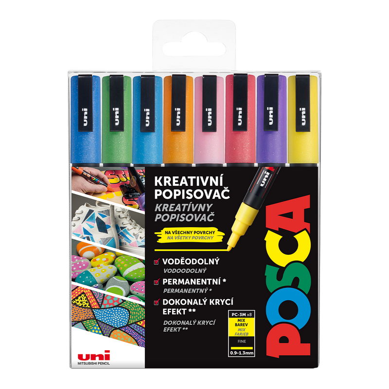 Akrylové fixy UNI POSCA 3M, 8ks třpytivé