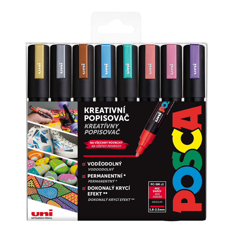 Akrylové fixy UNI POSCA 5M, 8ks metalické