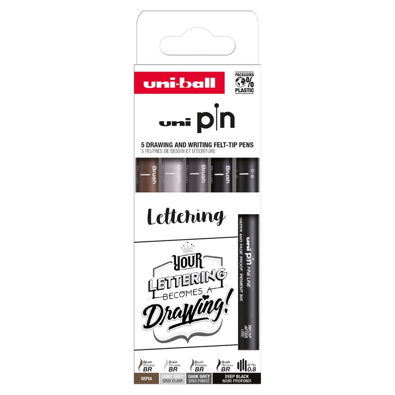 UNI PIN fine liner, sada 5ks Lettering