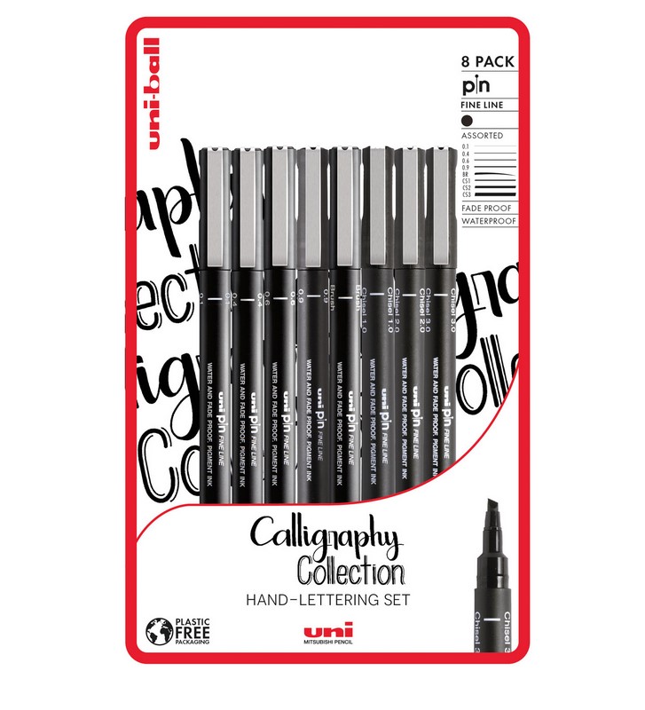 UNI PIN fine liner, sada 8ks Calligraphy Collection