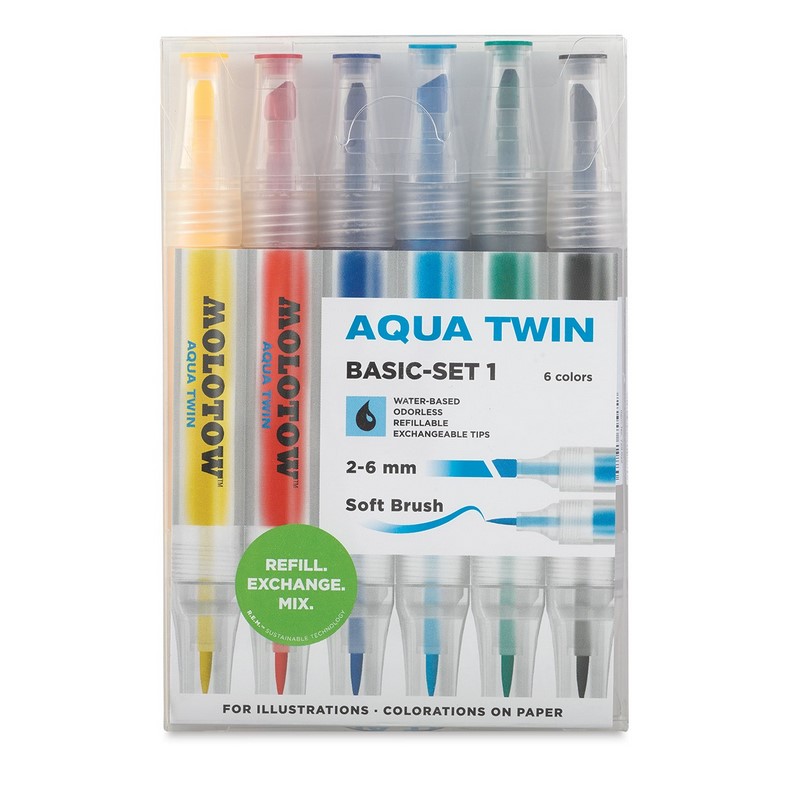 Akvarelové fixy MOLOTOW Aqua Twin, 6ks základní A