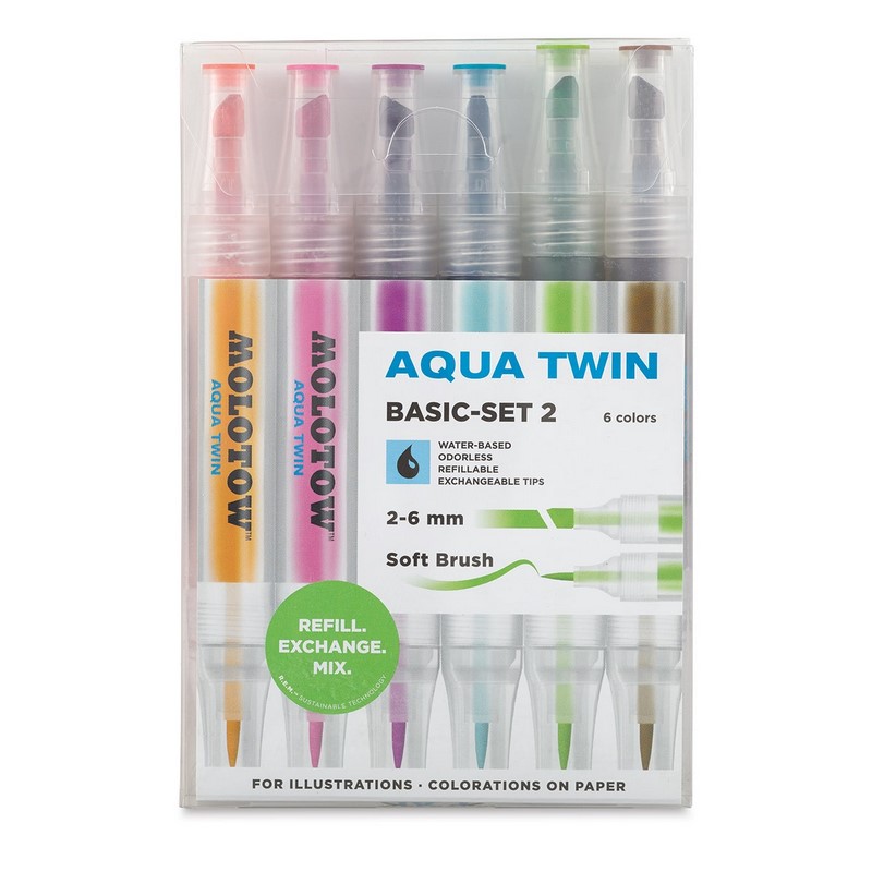 Akvarelové fixy MOLOTOW Aqua Twin, 6ks základní B