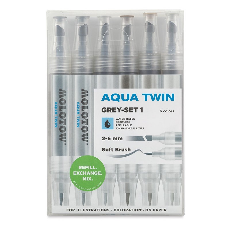 Akvarelové fixy MOLOTOW Aqua Twin, 6ks šedé A