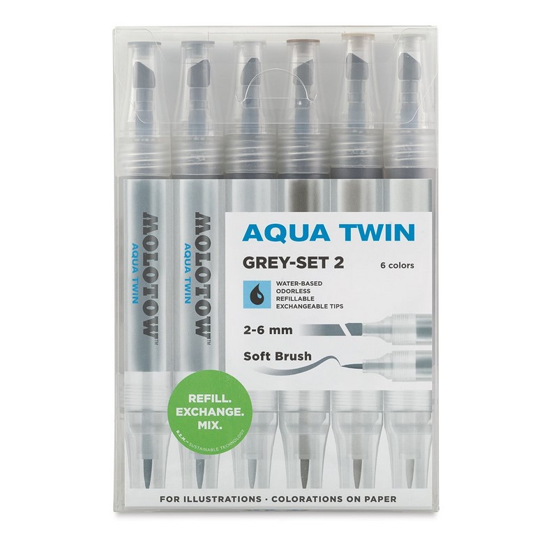 Akvarelové fixy MOLOTOW Aqua Twin, 6ks šedé B