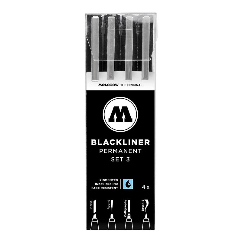 Technické linery MOLOTOW Blackliner, černé 4ks Chisel - Brush S