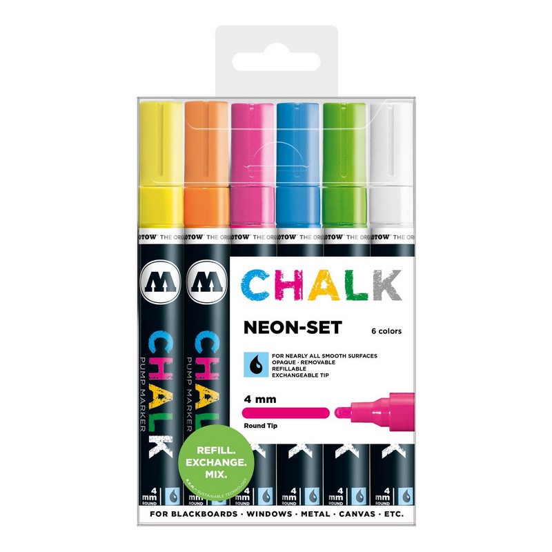 Křídové fixy MOLOTOW Chalk na sklo 4mm, 6ks neonové