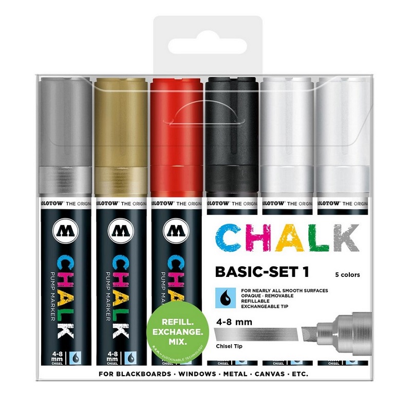 Křídové fixy MOLOTOW Chalk na sklo 4-8mm, 6ks základní