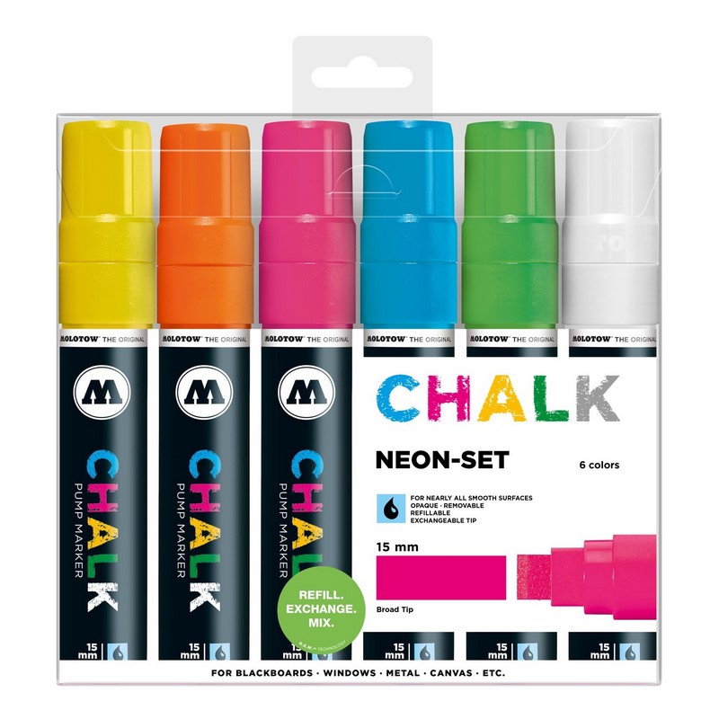 Křídové fixy MOLOTOW Chalk na sklo 15mm, 6ks neonové