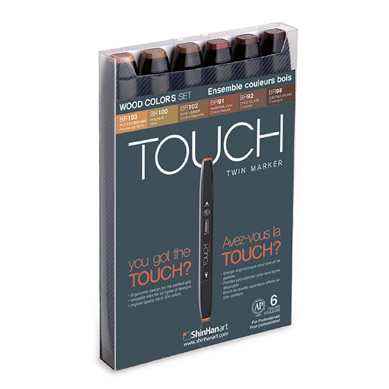 Lihové fixy TOUCH oboustranné Fine & Chisel, 6ks tóny dřeva