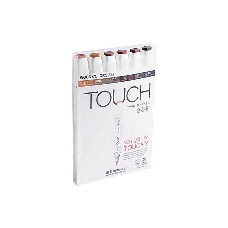 Lihové fixy TOUCH oboustranné Brush & Chisel, 6ks tóny dřeva