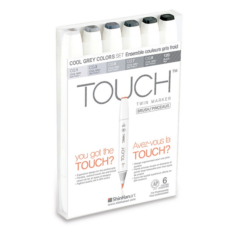 Lihové fixy TOUCH oboustranné Brush & Chisel, 6ks šedé Cool