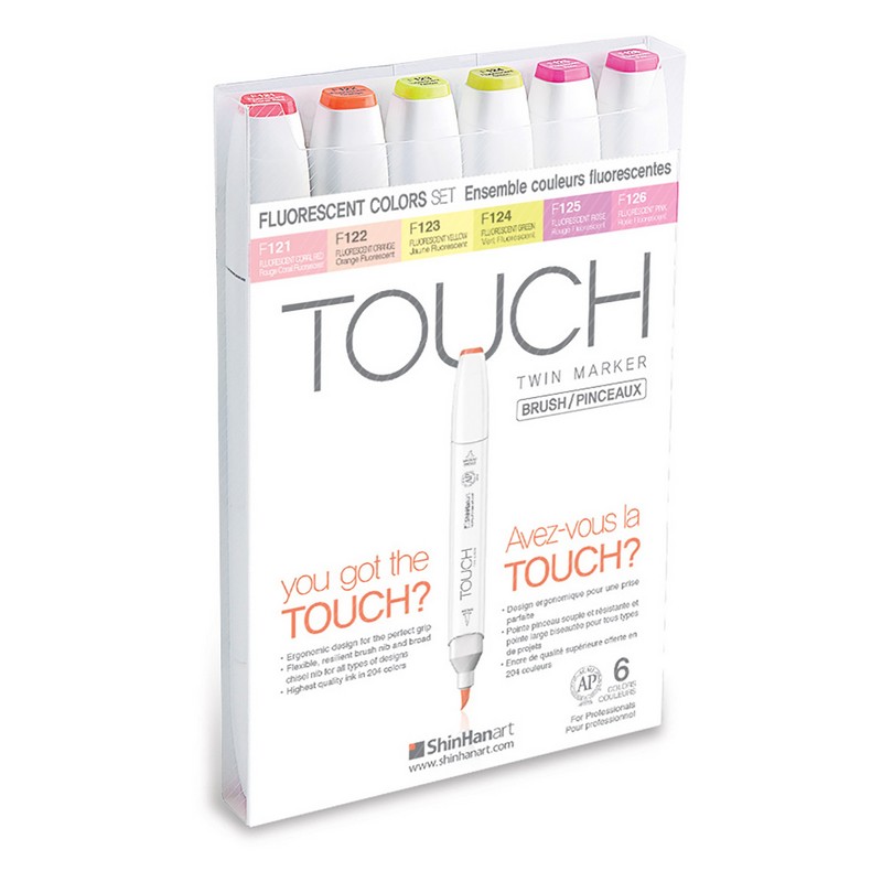Lihové fixy TOUCH oboustranné Brush & Chisel, 6ks fluorescenční tóny