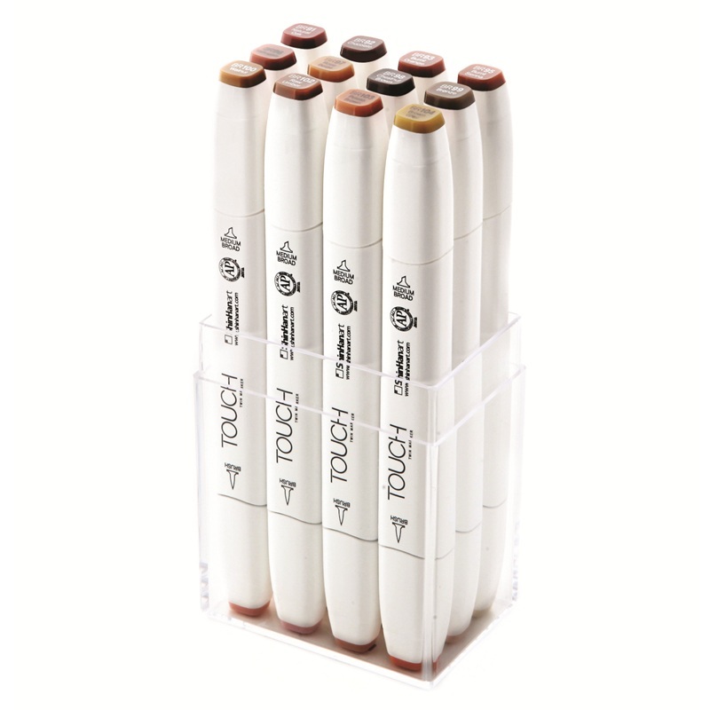 Lihové fixy TOUCH oboustranné Brush & Chisel, 12ks tóny dřeva