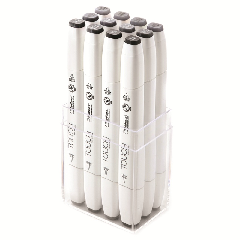 Lihové fixy TOUCH oboustranné Brush & Chisel, 12ks šedé Cool