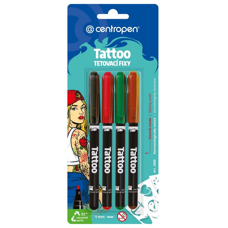 Fixy tetovací na kůži CENTROPEN Tattoo Set 2880, 4ks + šablony