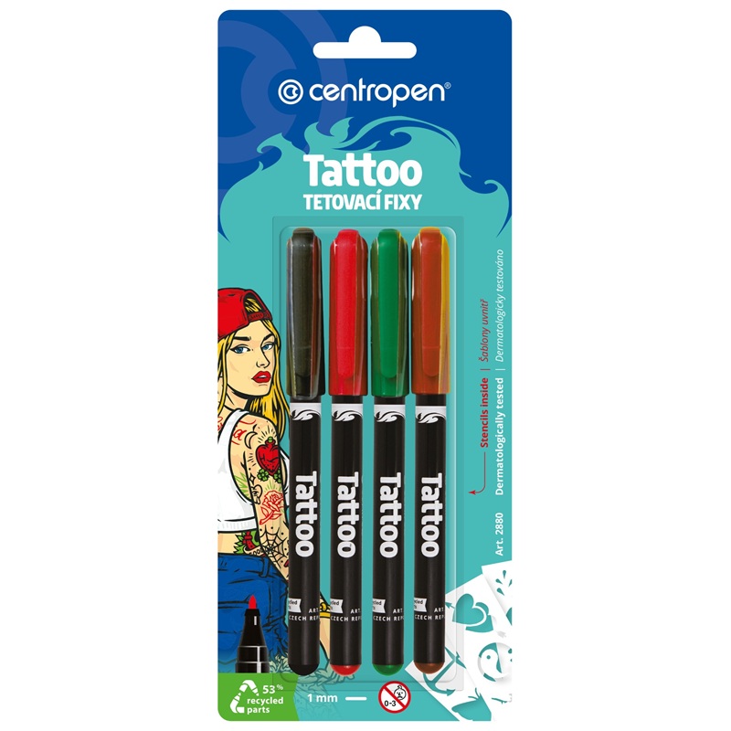 Fixy tetovací na kůži CENTROPEN Tattoo Set 2880, 4ks + šablony