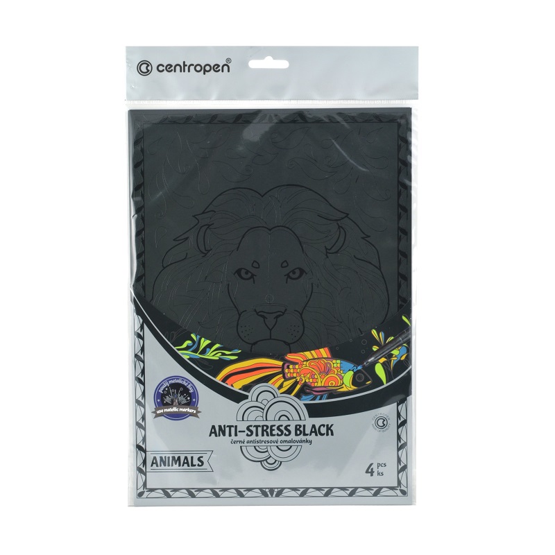 Omalovánky ANTI-STRESS černé CENTROPEN 9390, 4ks Animals