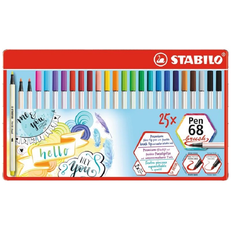 Fix STABILO Pen 68 brush, 25ks v kovové krabičce