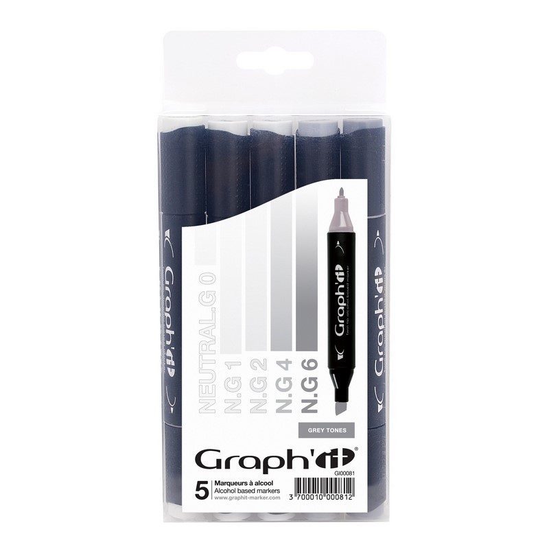 Lihové fixy GRAPH'IT oboustranné Fine & Chisel, 5ks Grey Tones