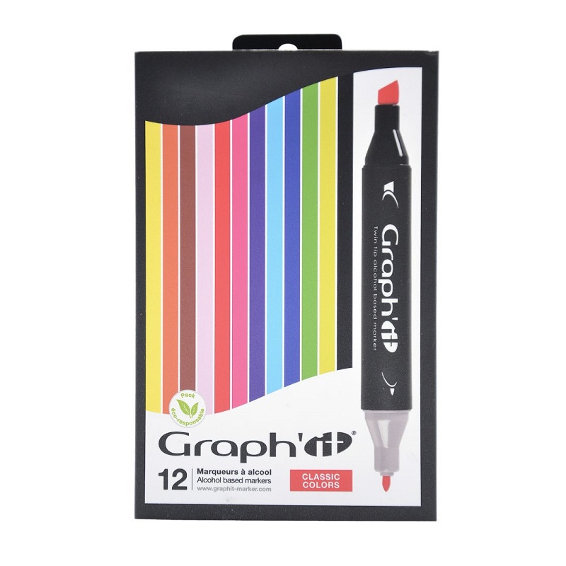 Lihové fixy GRAPH'IT oboustranné Fine & Chisel, 12ks Classic Colors