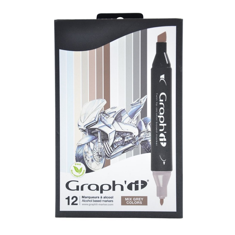 Lihové fixy GRAPH'IT oboustranné Fine & Chisel, 12ks Mix Greys