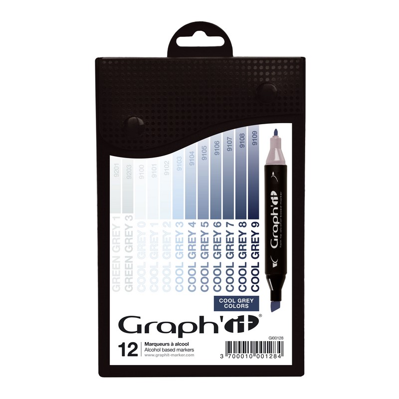 Lihové fixy GRAPH'IT oboustranné Fine & Chisel, 12ks Cool Greys