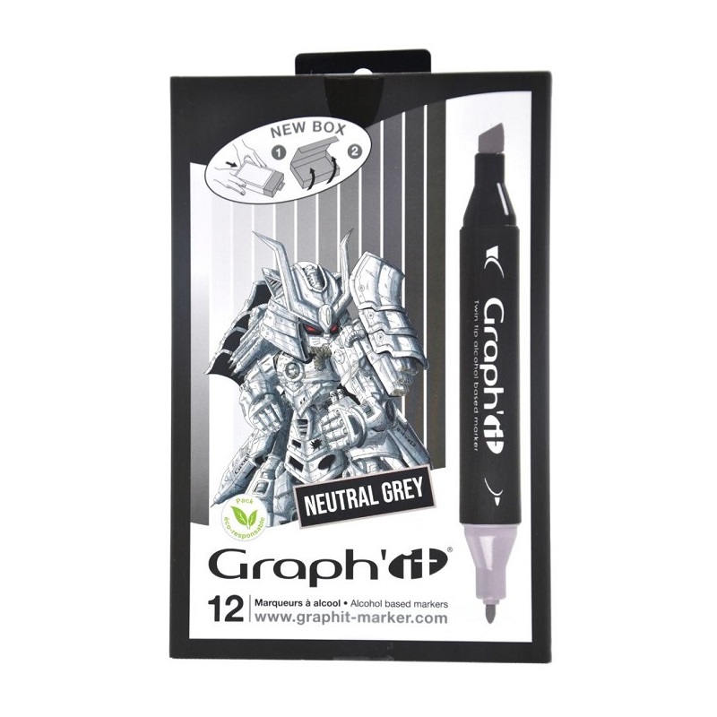 Lihové fixy GRAPH'IT oboustranné Fine & Chisel, 12ks Neutral Grey