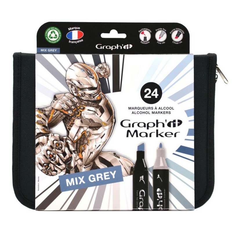 Lihové fixy GRAPH'IT oboustranné Fine & Chisel, 24ks Mix Greys v penále