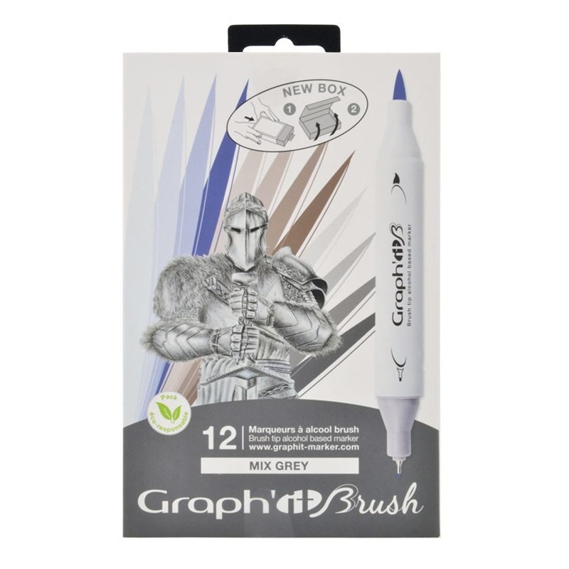 Lihové fixy GRAPH'IT oboustranné Brush & Chisel, 12ks Mix Greys