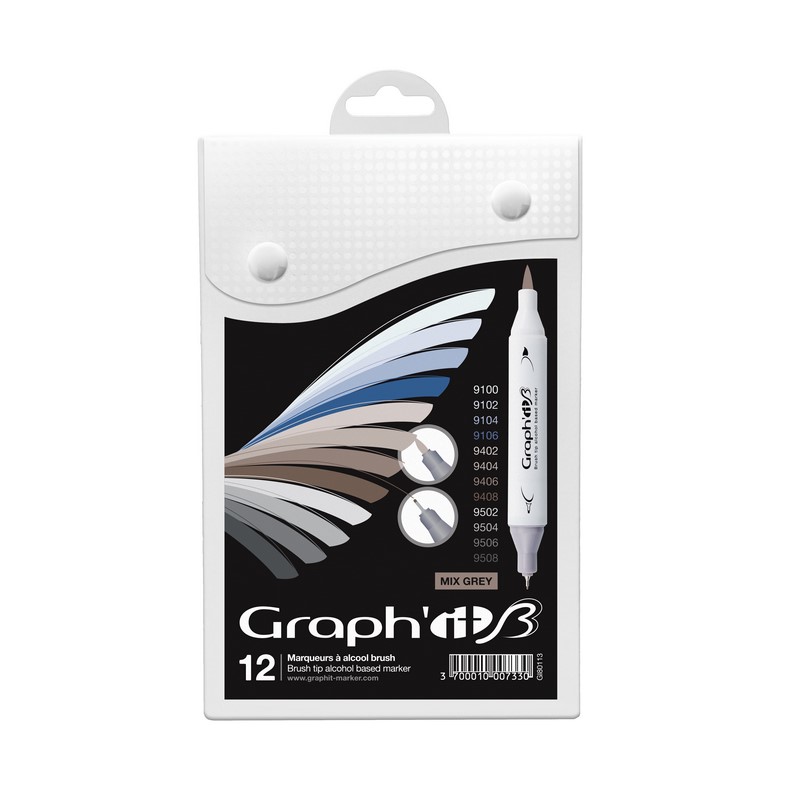 Lihové fixy GRAPH'IT oboustranné Brush & Chisel, 12ks Mix Greys