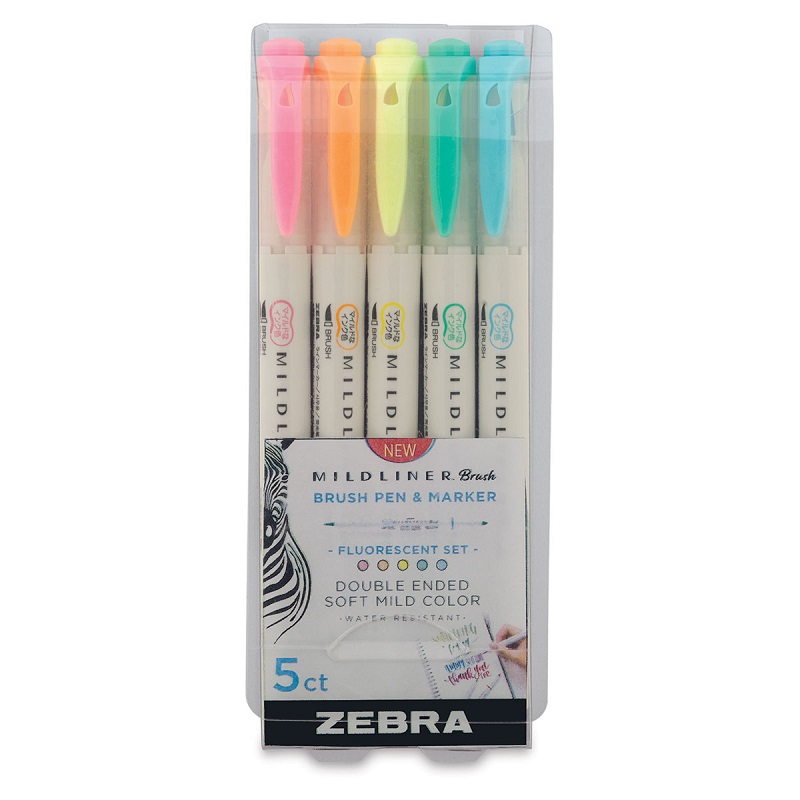 Štětcové fixy ZEBRA Mildliner, 5ks Fluorescent