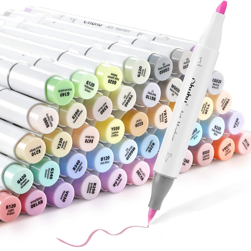 Lihové fixy OHUHU oboustranné Brush & Chisel, 48ks pastelové nr.1 + blender