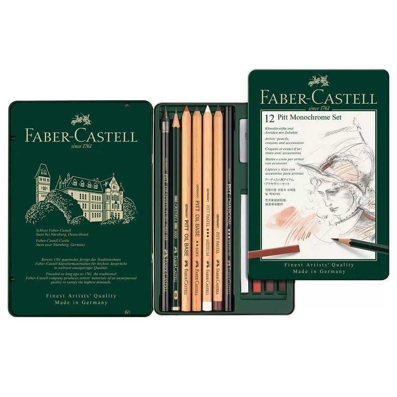 FABER-CASTELL grafitové tužky Pitt MONOCHROME, 12ks v kovové krabičce