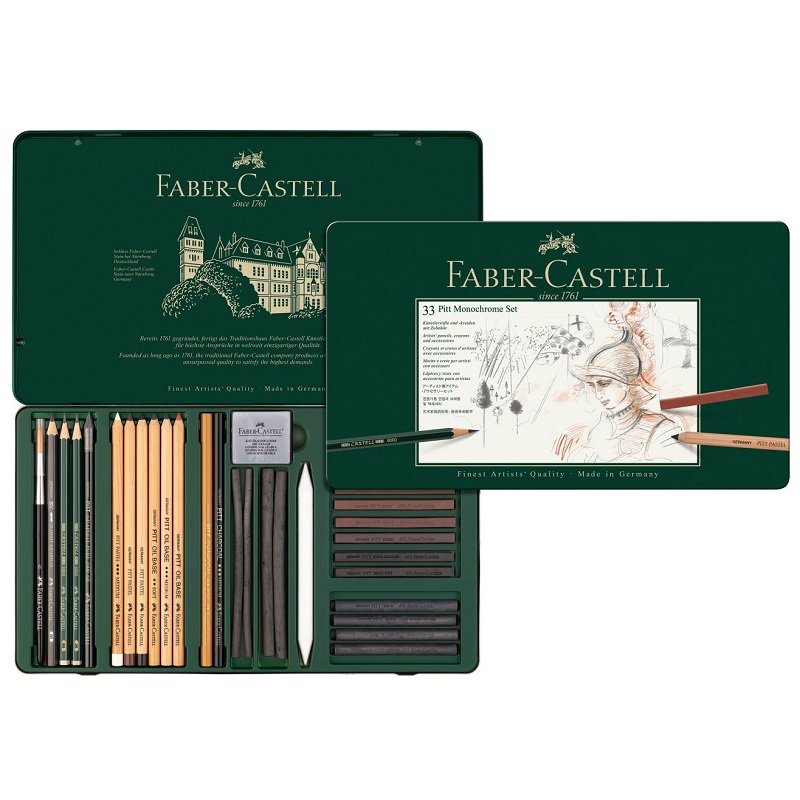 FABER-CASTELL grafitové tužky Pitt MONOCHROME, 33ks v kovové krabičce